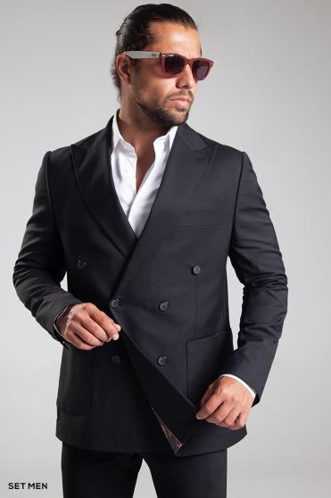 کت تک مردانه دبل برست یقه بلیزر نیم آستر شش دکمه دوچاک