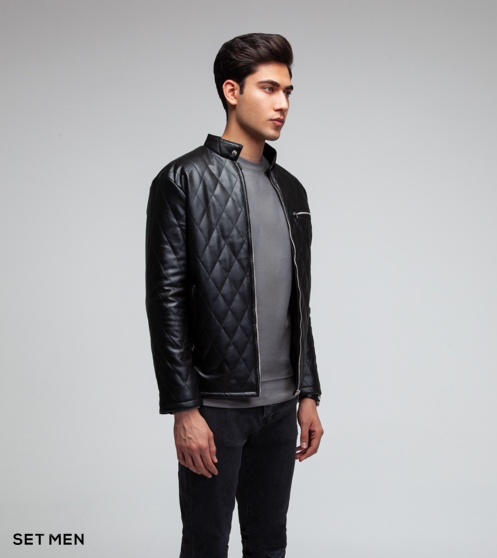 کاپشن چرم لوزی جیب زیپ دار کاپشن چرم لوزی جیب زیپ دار