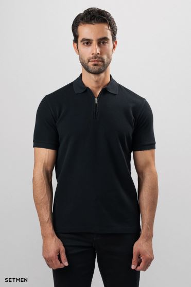 تیشرت یقه نیم زیپ سوزنی ساده