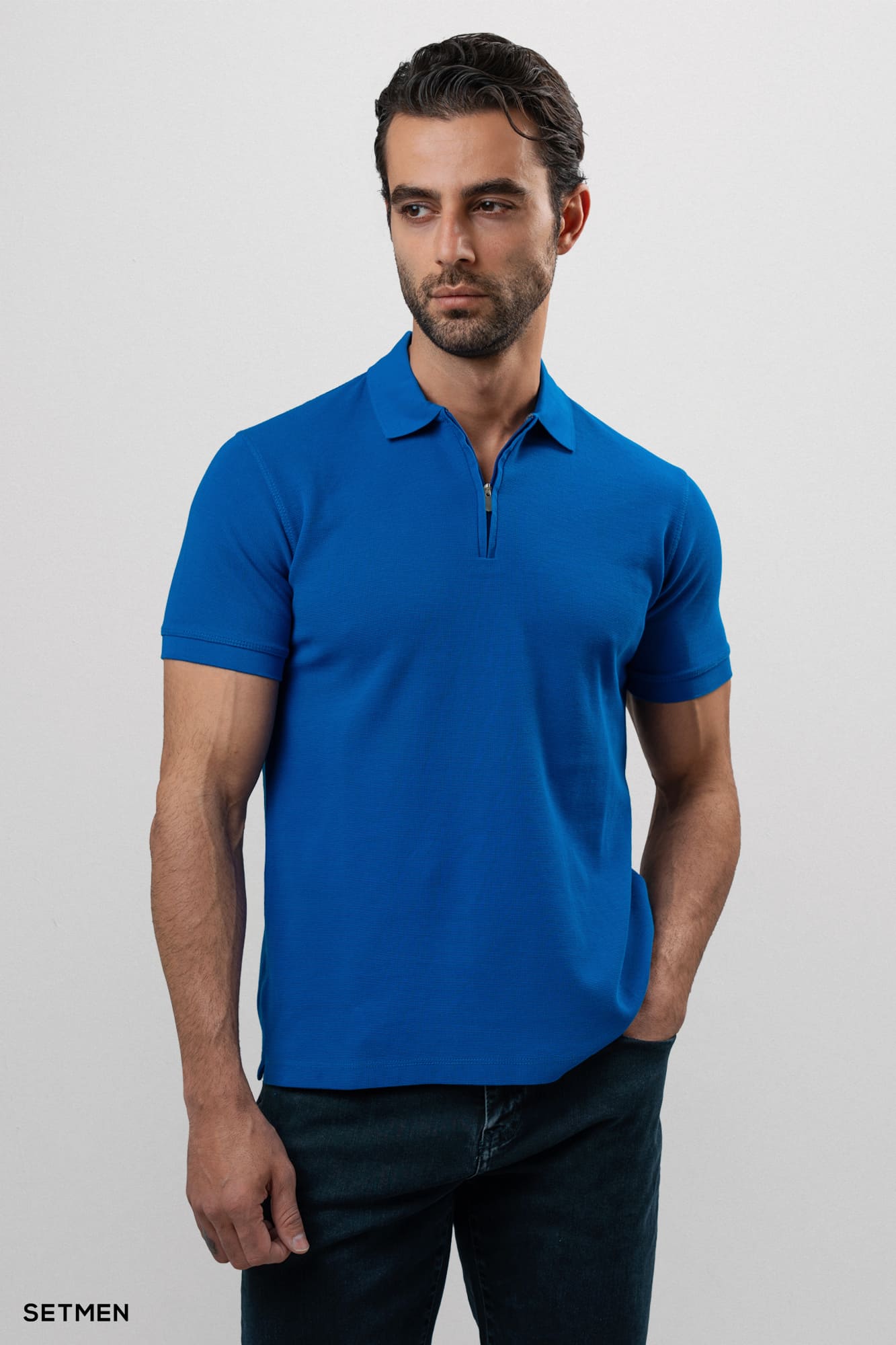 تیشرت یقه نیم زیپ سوزنی ساده