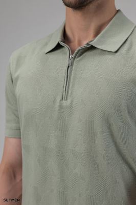 تیشرت یقه دار نیم زیپ ژاکارد اولد مانی