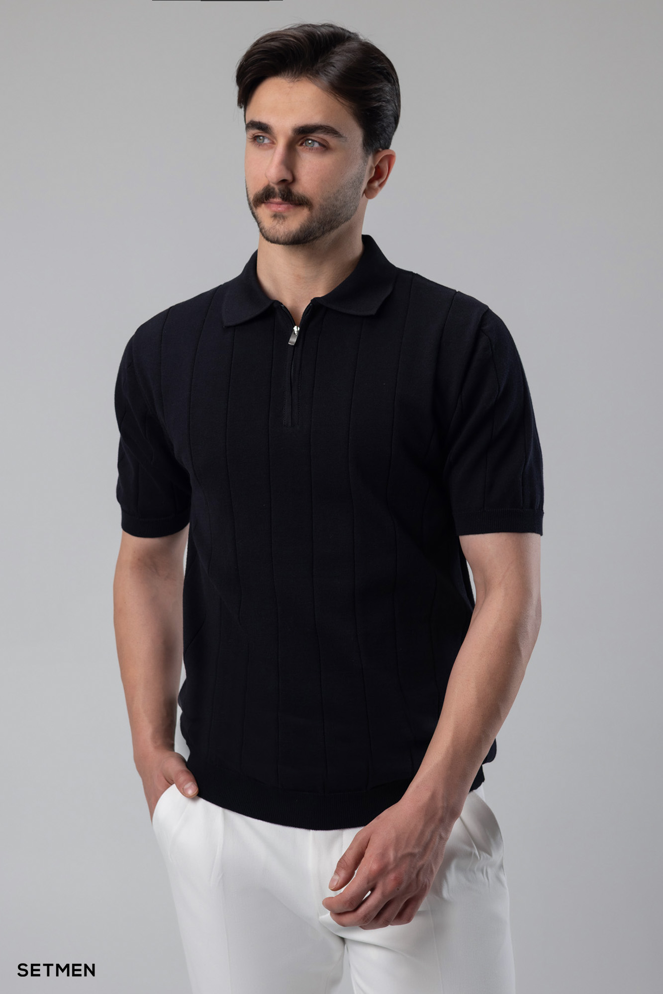 تیشرت نیم زیپ بافت راه راه اولد مانی