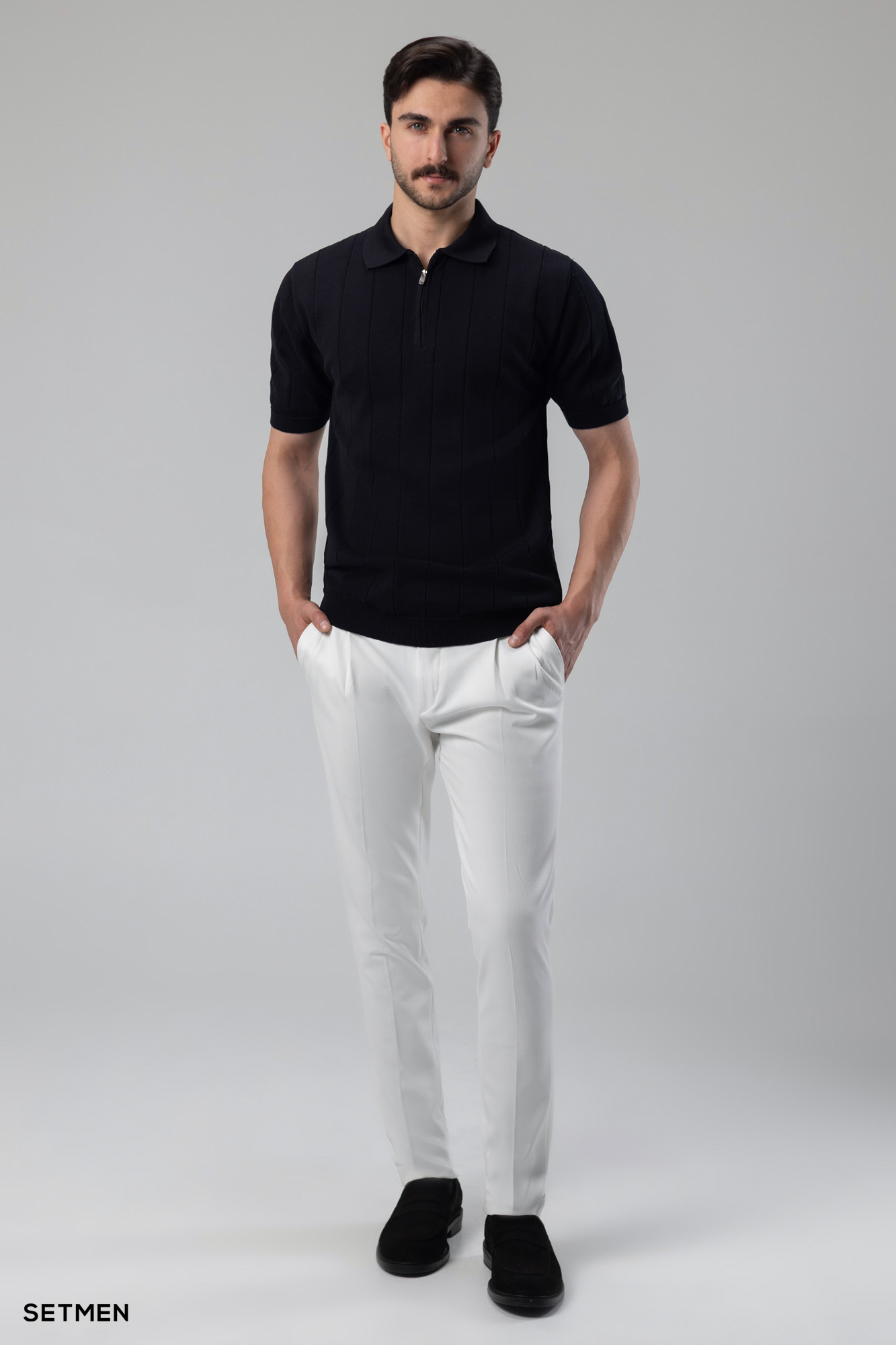 تیشرت نیم زیپ بافت راه راه اولد مانی