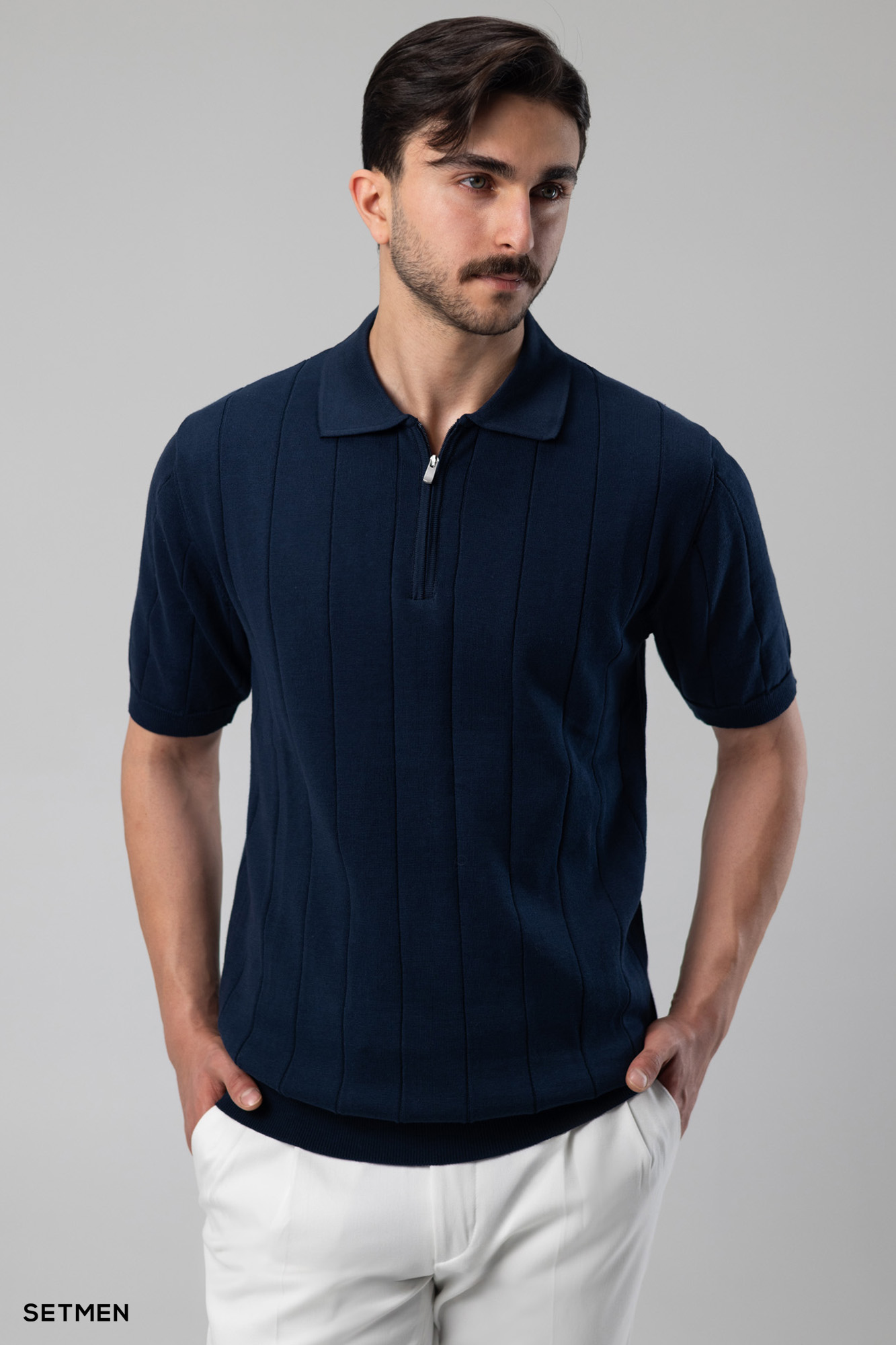 تیشرت نیم زیپ بافت راه راه اولد مانی