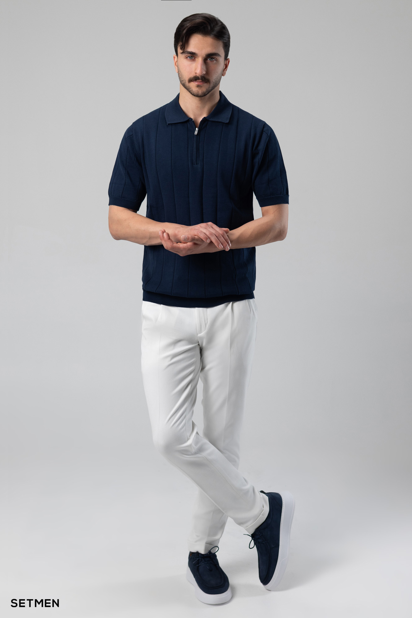 تیشرت نیم زیپ بافت راه راه اولد مانی