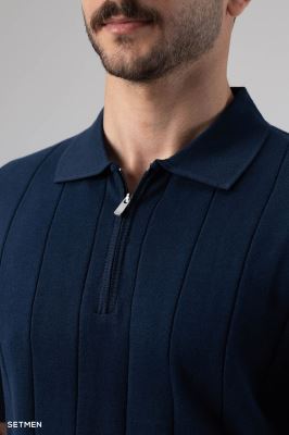 تیشرت نیم زیپ بافت راه راه اولد مانی