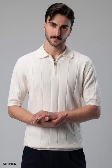 تیشرت نیم زیپ بافت راه راه اولد مانی تیشرت نیم زیپ بافت راه راه اولد مانی